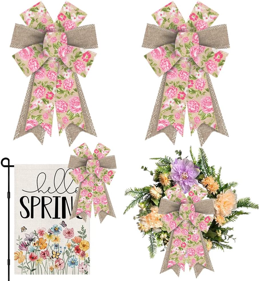 2pcs Spring Wreath Bows Pink Roses Flowers Burlap Bows for Wreath, Brown White Spots Dots Ribbon Bows Spring Retro Flowers Decor Bows for Springtime Indoor Outdoor Decoration Wreath Ornament Supplies