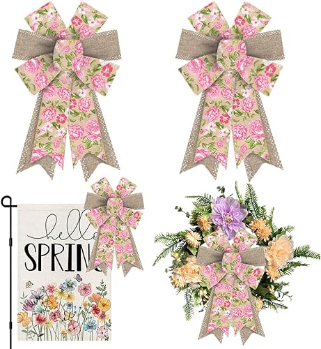 2 lazos de corona de primavera, rosas rosas, flores, arcos de arpillera para corona, puntos marrones y blancos, lazos de cinta, lazos de decoración