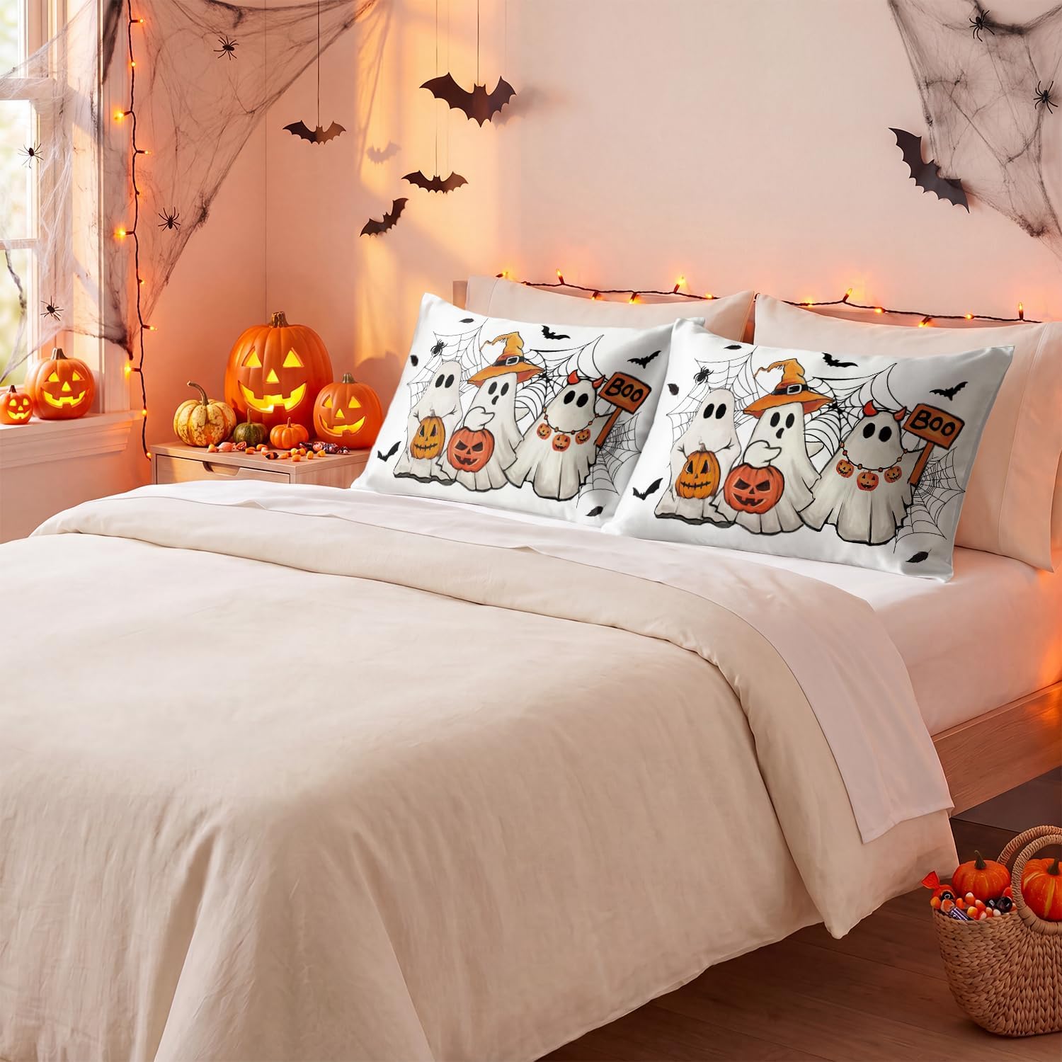 Horaldaily Halloween Ghost Spiderweb Standard Size Satin Pillowcases 2PCS