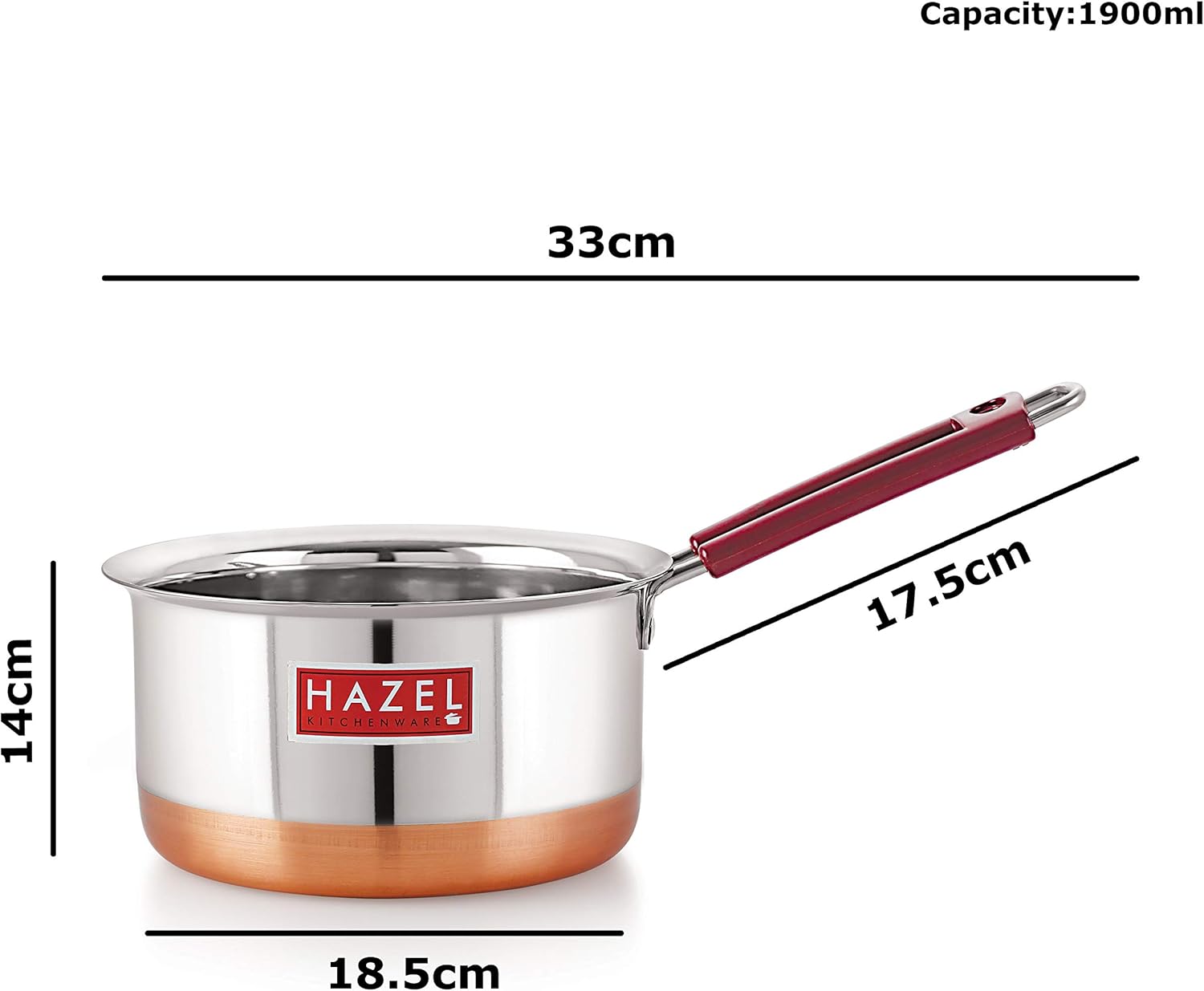 HAZEL Stainless Steel Milk Saucepan Copper Bottom Tea Pan with Fixed Rubber Grip Handle, 1900 ML, Silver