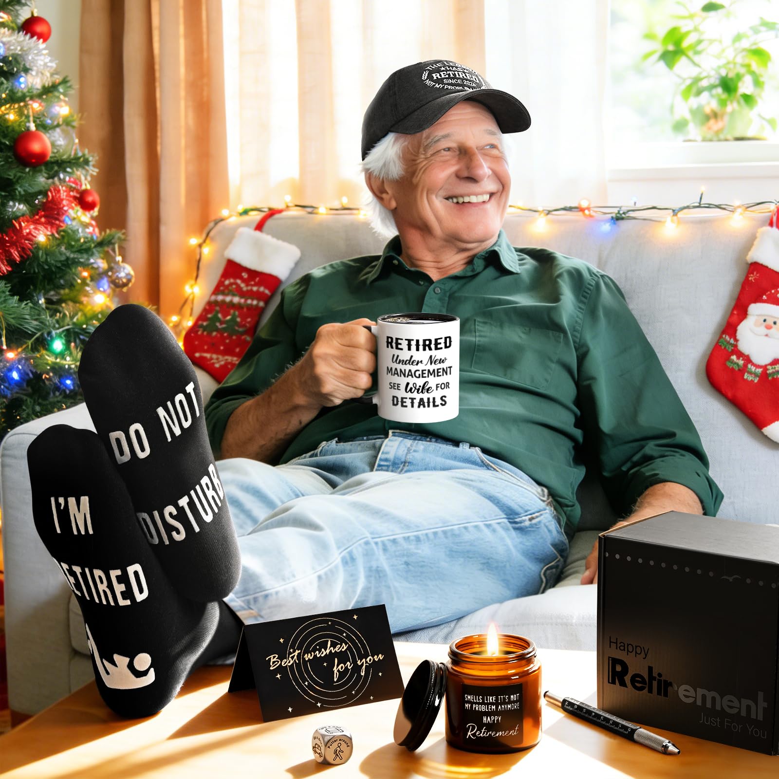 Cabtnca 8 Pcs Retirement Gifts for Men Funny Retirement Gift for Men 2026, for Coworker Dad Boss Grandpa Teachers, Includes Mug Hat Candle Socks Dice Pen Greeting Card, Retired Gifts for Man