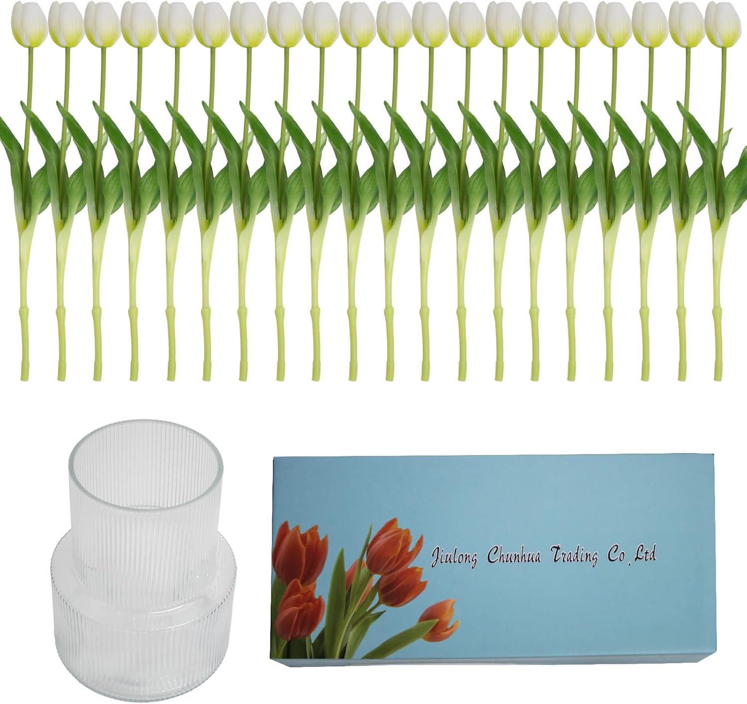 20 Pcs Real Touch Artificial Tulips with Vase, Large Faux Flower Arrangement in Heavy Fluted Glass, Bouquet for Dining Table Centerpiece, Home Office, Spring Decor, Set with Dust Bag (White)