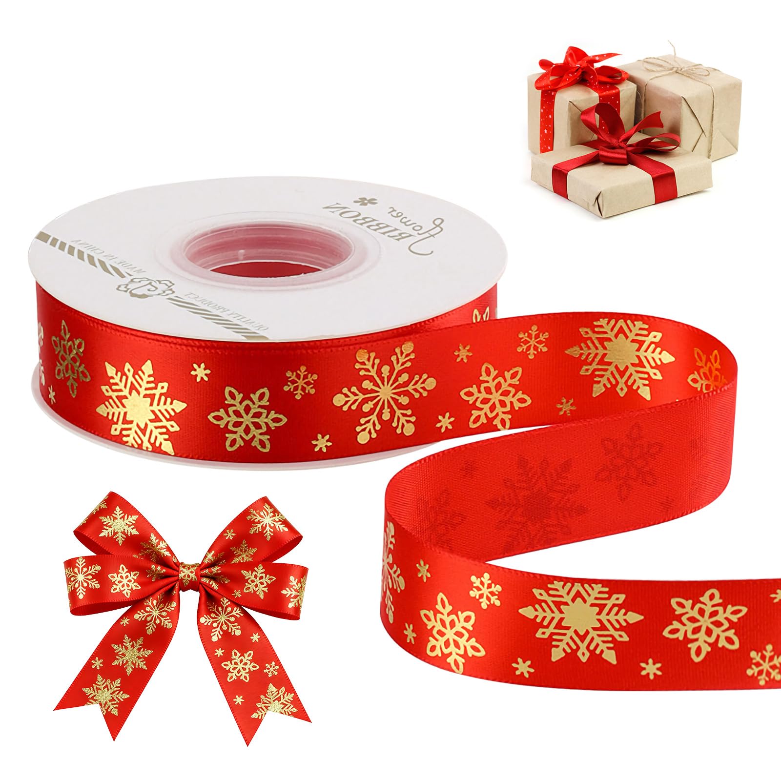 Christmas Ribbon for Gift Wrapping, Thick Fabric Silk Satin Floral Ribbons for Crafts (Dreamy Snowflakes (Red)-2.5cm)