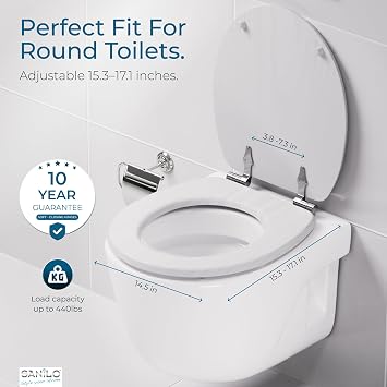 SANILO Wooden Toilet Seat with Soft Close [ROUND] - Decorative, Quiet & Slow Close Molded Wood Seat - With Strong Bumpers & Hinges - Adjustable Fit White Wood