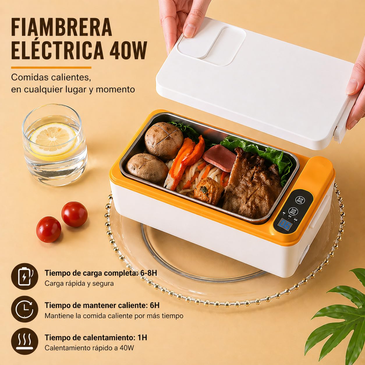 Fiambrera Eléctrica Inalámbrica con Batería 12000mAh 1L, Calentador de Comida Portátil Sin Cable, Taper Eléctrico con Acero Inoxidable, Pantalla y Temporizador, para Trabajo, Oficina, Coche, Camping