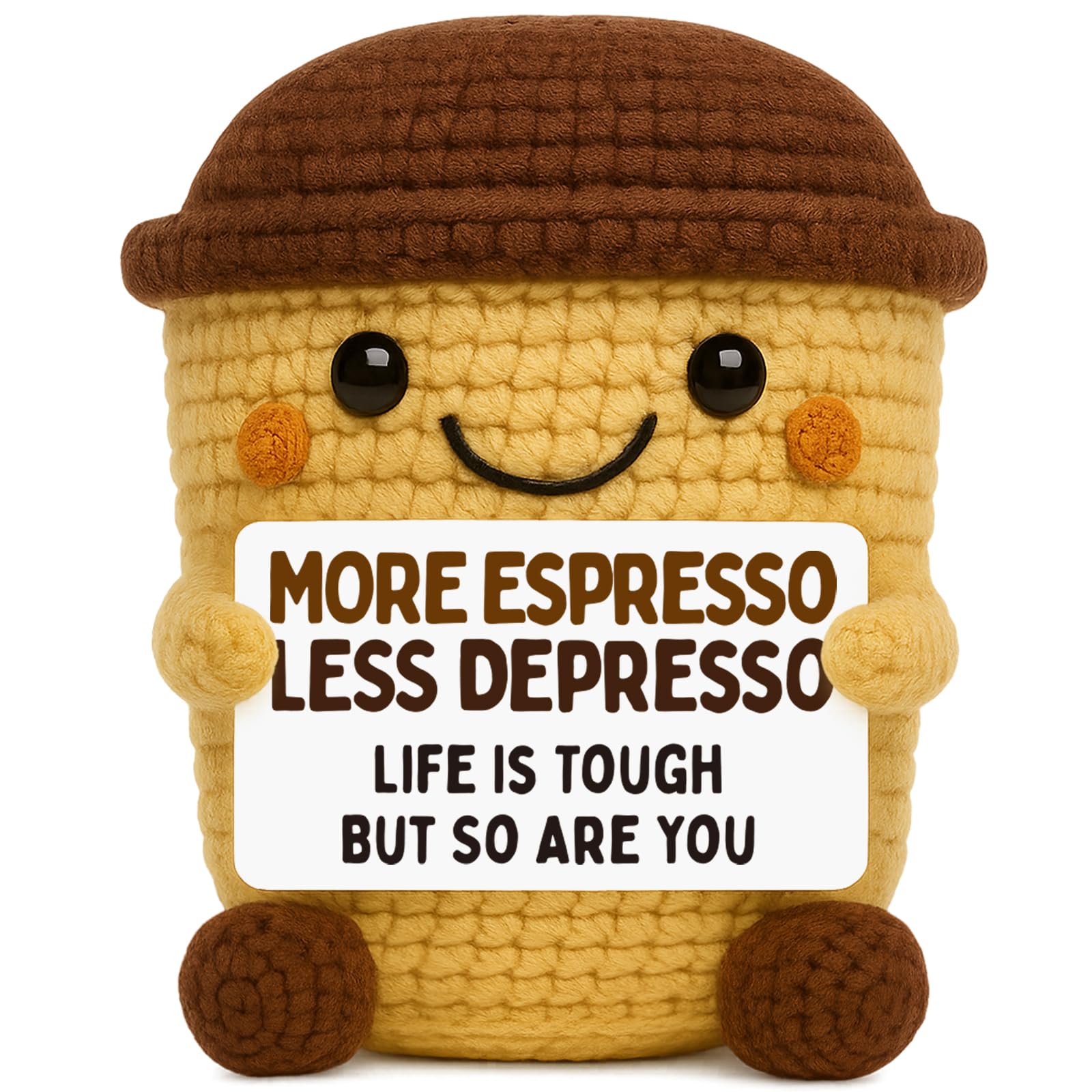 Funny Coffee Lover Gifts for Women Men - Encouragement Gifts for Coworker Friend - Handmade Crochet Coffee - Unique Inspirational Desk Decor & Thinking of You Gift