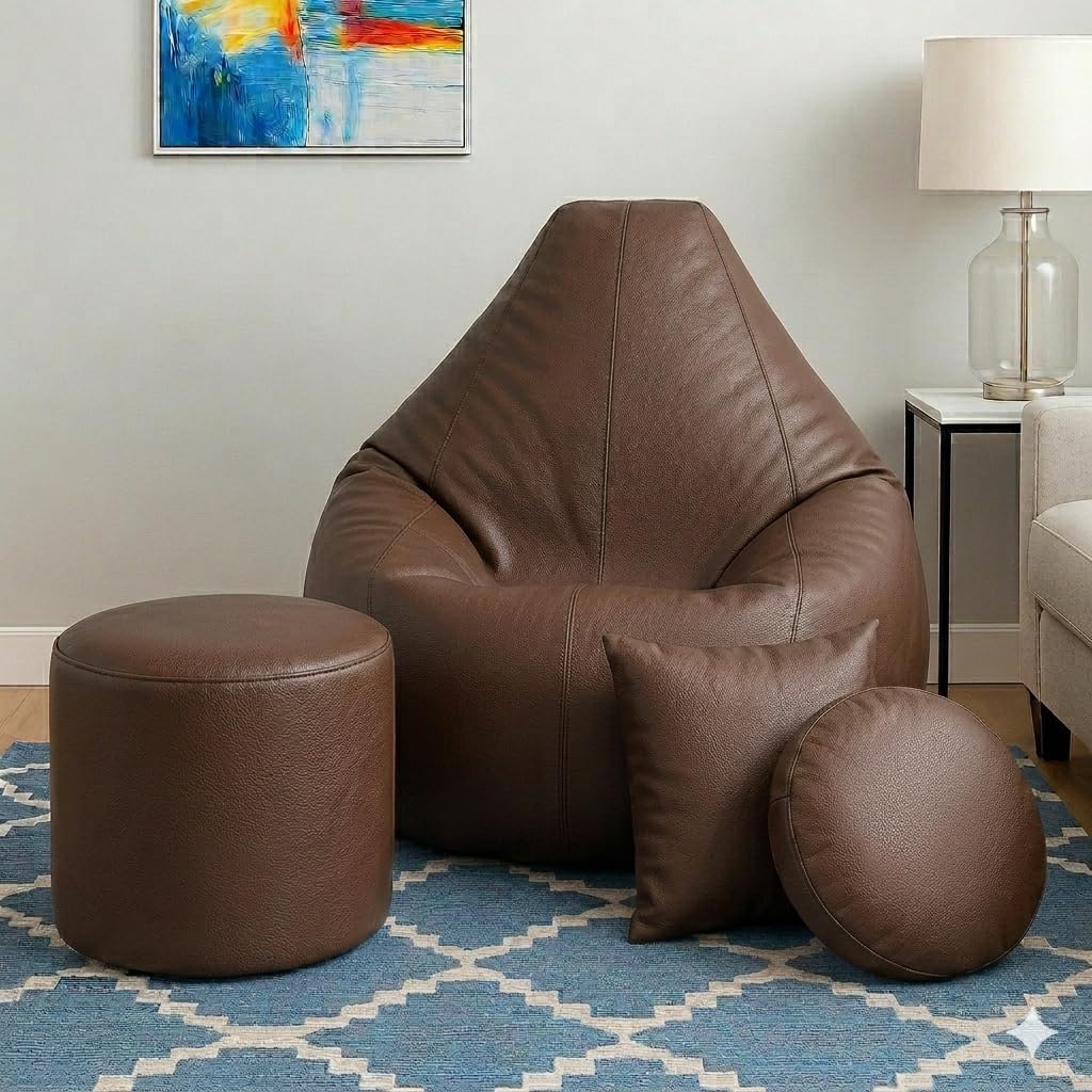 XXL Bean Bag Cover, Teardrop Shape, Faux Leather, with Footstool and Cushions, 106x87x65 cm, Adult (Brown, XXL, Solid)-image-31