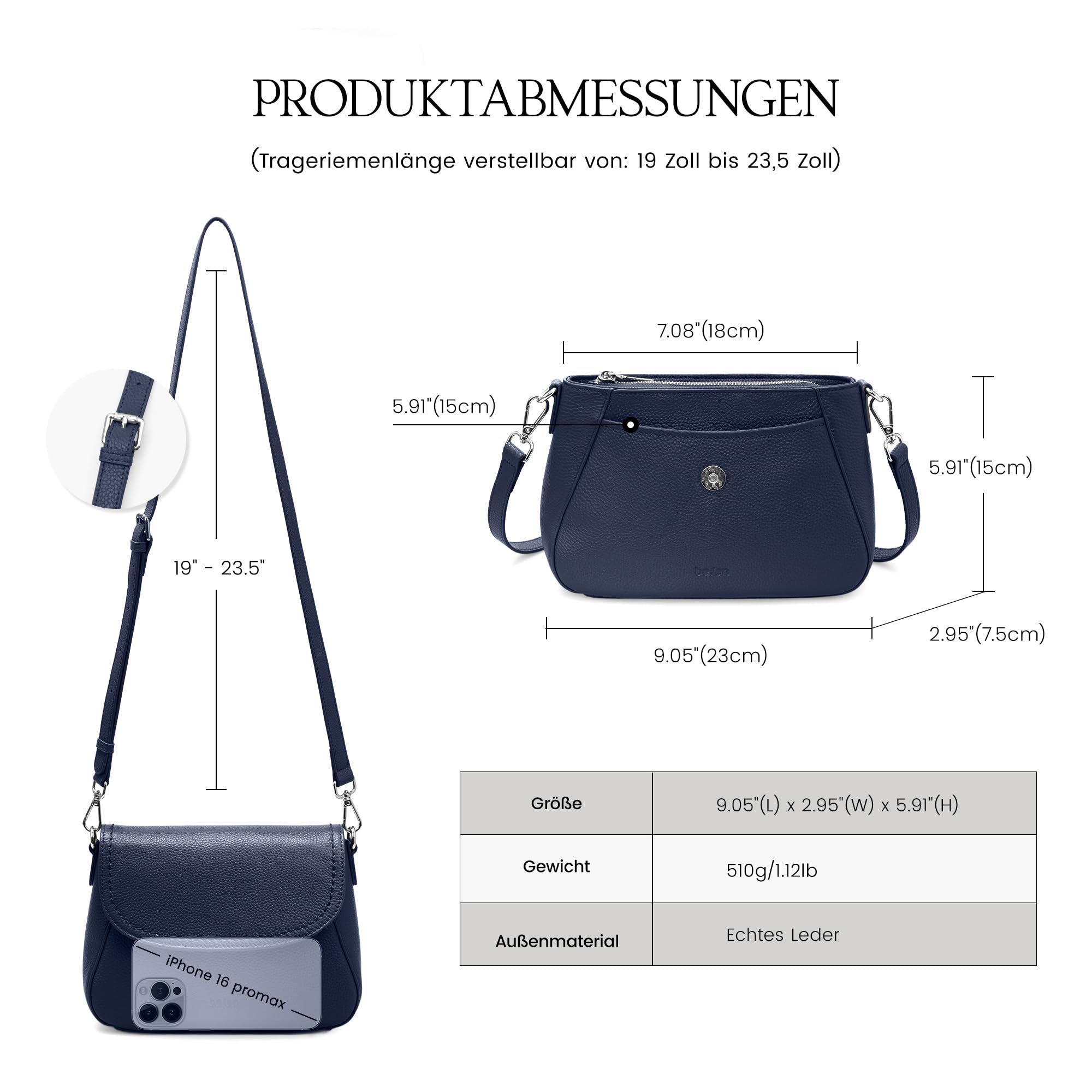 befen Echtleder Umhängetasche Damen Mittelgroß Handtasche RFID-Blockierung | Leder Crossbody Bag Klein Schultertaschen für Frauen Saddle Bag mit Verstellbar Schultergurt