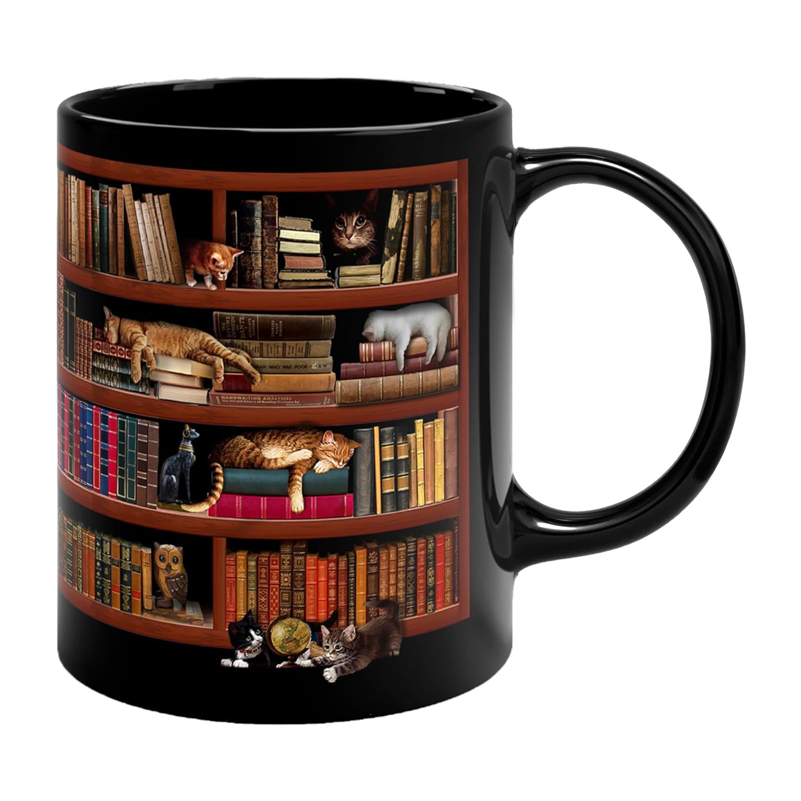 Coffee Mug, Mug For Book Lovers, For Book Lovers, Book Coffee Cup, Bookshelf Cat Design, Novelty Coffee Cup, Ceramic Black Mug
