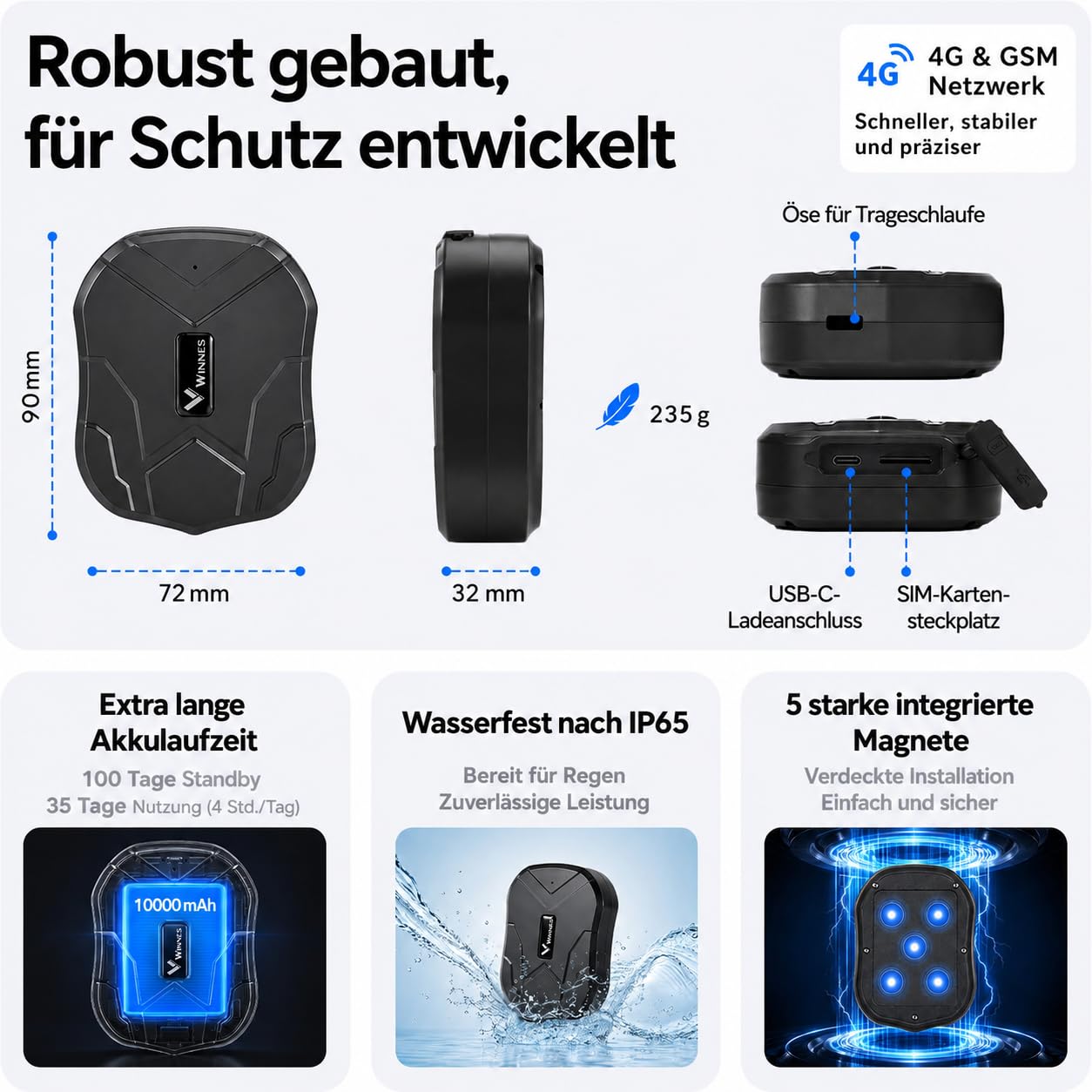 4G LTE GPS Tracker,GPS Tracker Auto 10000mAh 80 Tage Standby Starker Magnet Wasserdicht Tracker und Anti Lost GPS Locator für Fahrzeug Auto Boot LKW Echtzeit Tracking Gerät GPS Ortung
