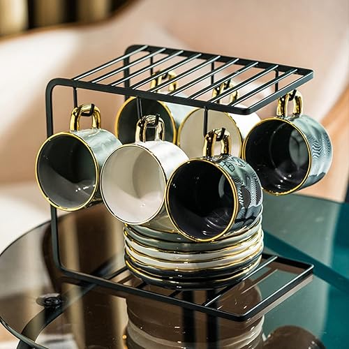 Miniatura 8 de Juego de tazas de café expreso de porcelana con platillos, cucharas y soporte de metal, tazas de lujo de 8 onzas de leche real de capuchino para