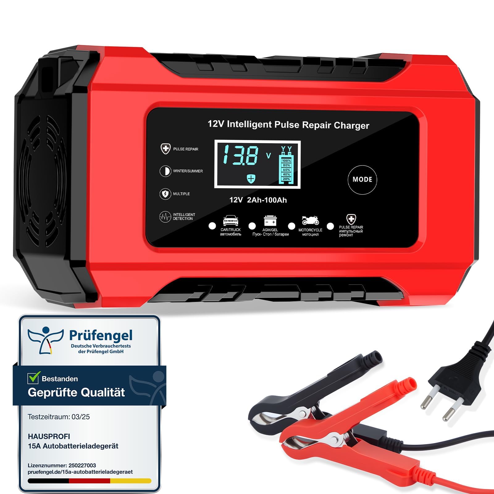 Autobatterie Ladegerät 12V 6A, HAUSPROFI KFZ Batterieladegerät mit Reparaturfunktion & Wintermodus, Erhaltungsladegerät für Auto, Motorrad, AGM, Gel Batterie