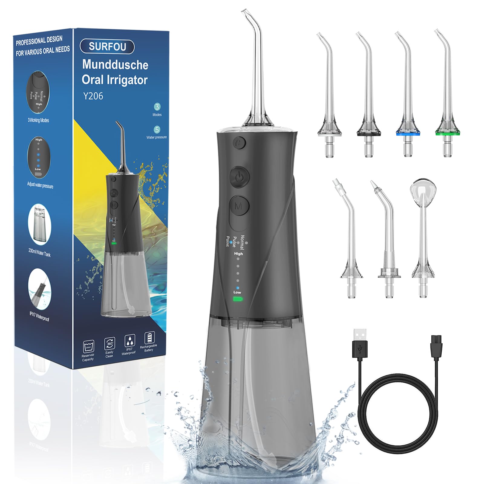 SURFOU Idropulsore Dentale Portatile 3 Modalità 5 Pressione dell'acqua e 7 Ugelli, 230 ml IPX7 Impermeabile USB Ricaricabile per Viaggi e uso Domestico