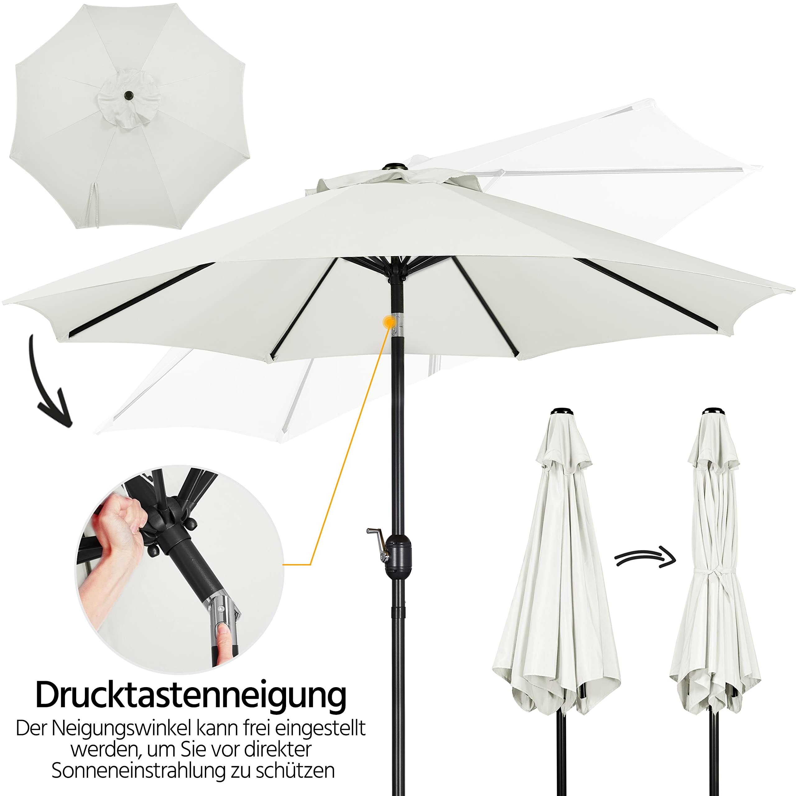 Yaheetech Parasol przeciwsłoneczny, balkonowy, na rynek, okrągły, z 8 żebrami, 270 cm, parasol z korbą, wodoodporny, ochrona przed promieniowaniem UV, kremowy