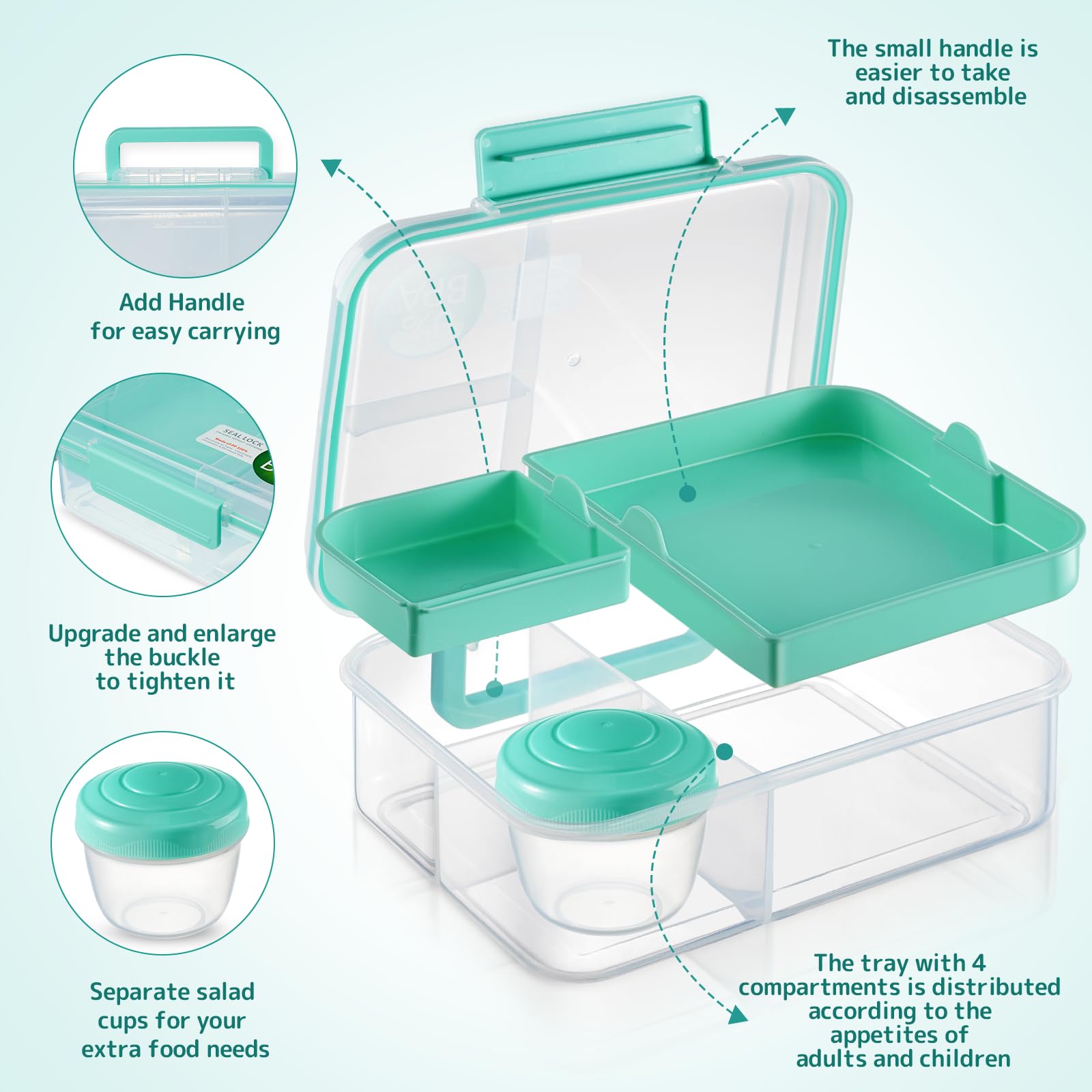 Recipientes reutilizables para preparación de comidas, caja bento para adultos, lonchera Bento con 2 bandejas extraíbles y recipiente para aderezo de ensalada, tamaño de 56 onzas/1.65 L (verde