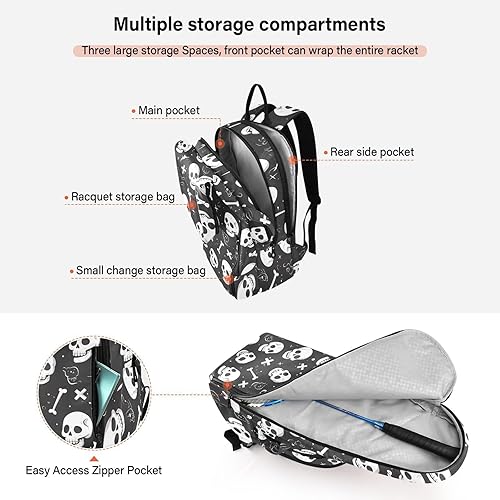Miniatura 5 de Mujeres Hombres Mochila de Tenis Gran Almacenamiento Halloween Cráneo Negro Raqueta de Tenis Bolsa con Capacidad 2 Raquetas para Mujeres Hombres