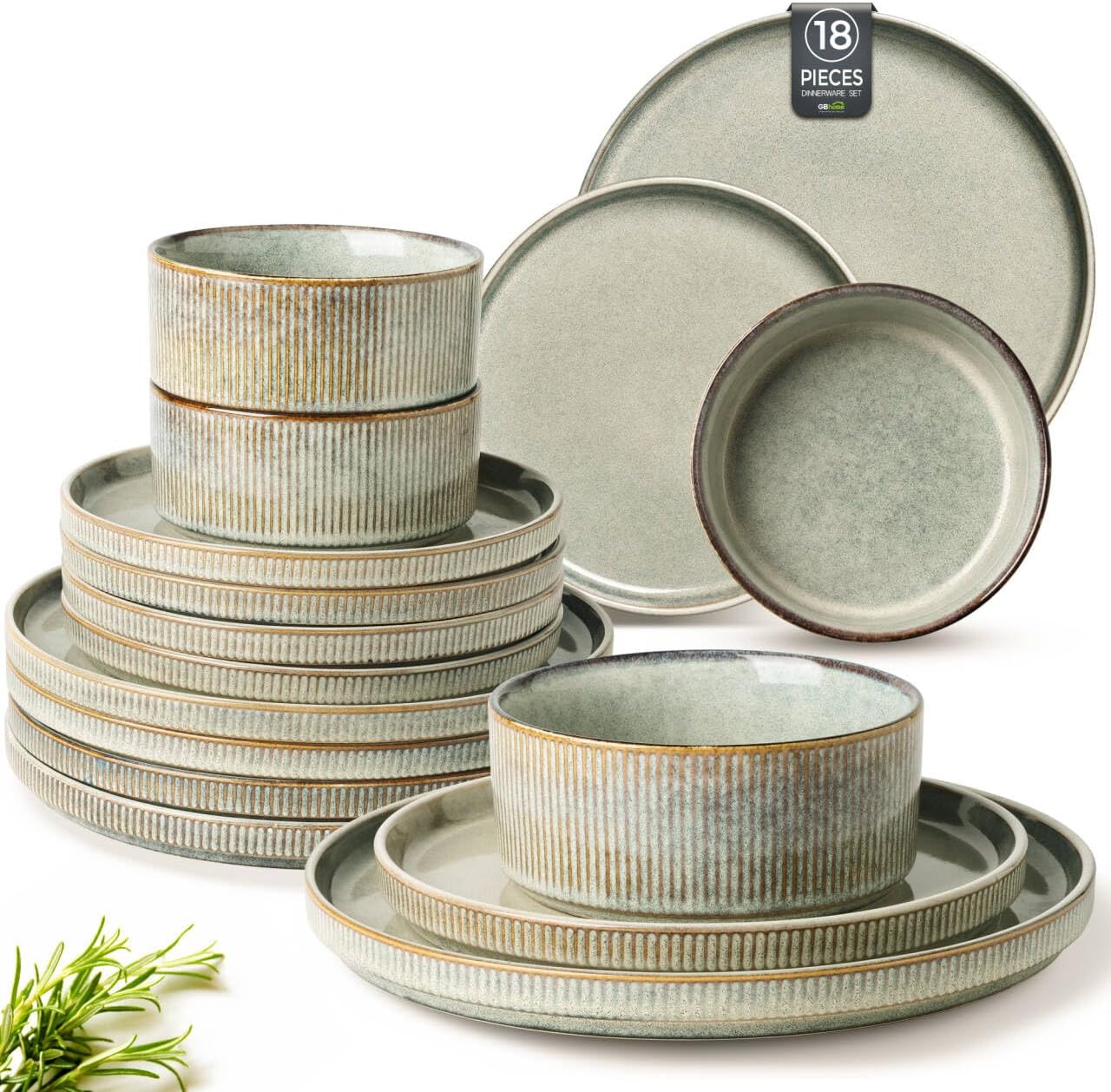 gbhome stoneware dinnerware sets for 6,round reactive glaze ceramic plates and bowls set,highly scratch resistant | dishwasher & microwave safe dishes set,service for 6(18pcs) desret sage service for 6(18pcs)