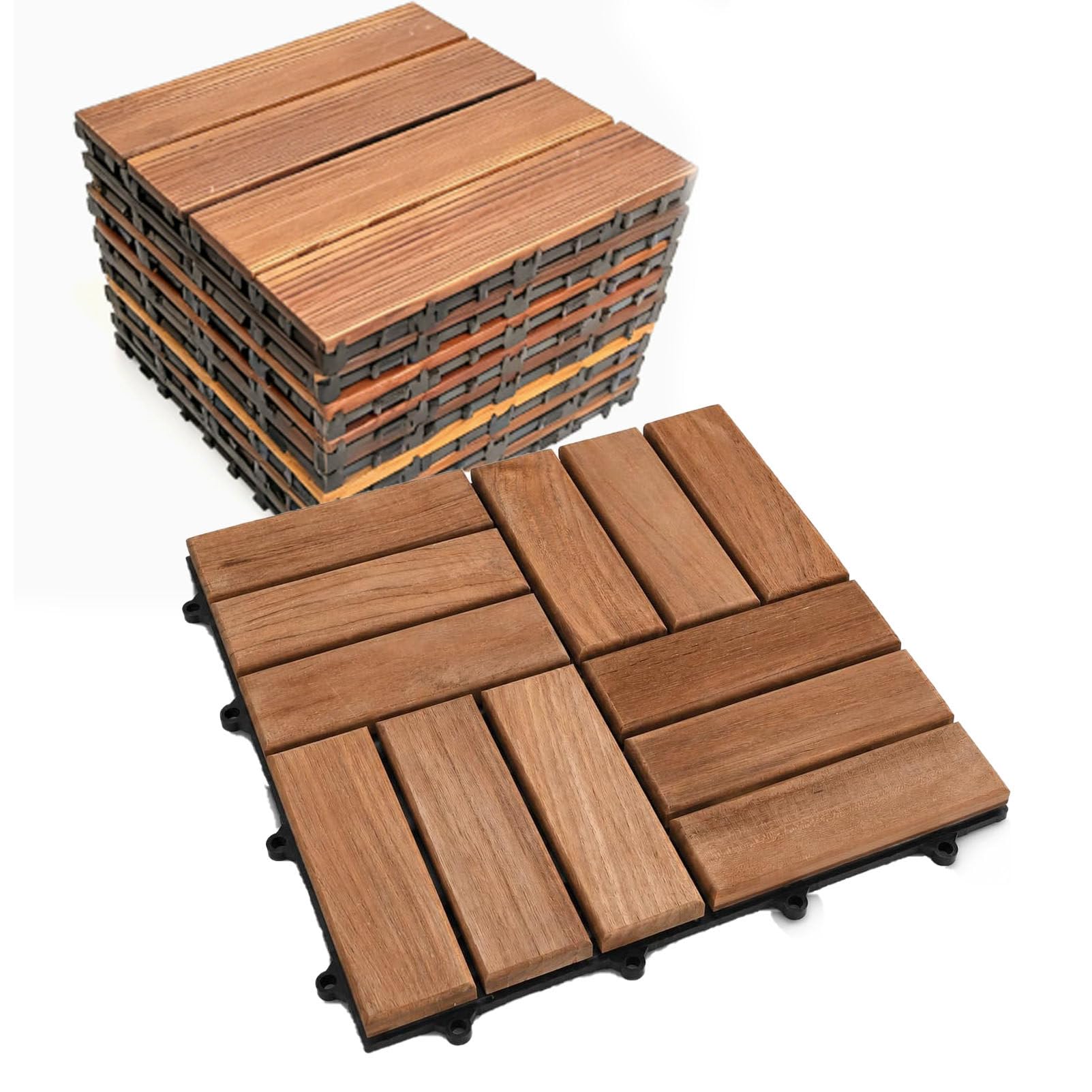 Piastrelle per pavimentazione in Legno di Acacia con Base in PE 12-Slat-33pc | Pavimentazione a incastro 30x30 cm con sistema "click"; piastrelle in legno antiscivolo per esterni (giardini e terrazzi)