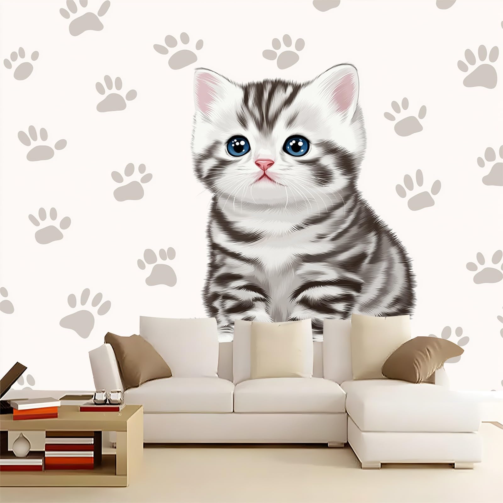 Uroczy kot tapeta ścienna, odciski łap dekoracja ścienna do sypialni meble do salonu, szara 250 x 175 cm wodoodporna tapeta do łazienki kuchni biura ściany