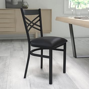 BizChair Black X Back Metal Restaurant Chair - Black Vinyl Seat