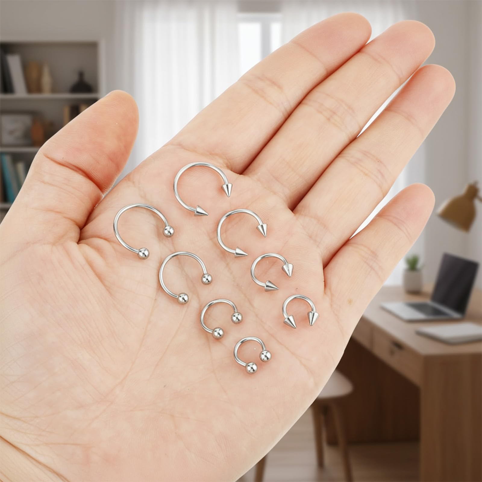 Telooco Pierścienie do przegrody nosowej, stal chirurgiczna, podkowa, obręcz, do brwi, warg, pępka, piercing do przegrody nosowej, biżuteria dla kobiet, mężczyzn, 6/8/10/12 mm, 8 szt., srebrne, 8 szt