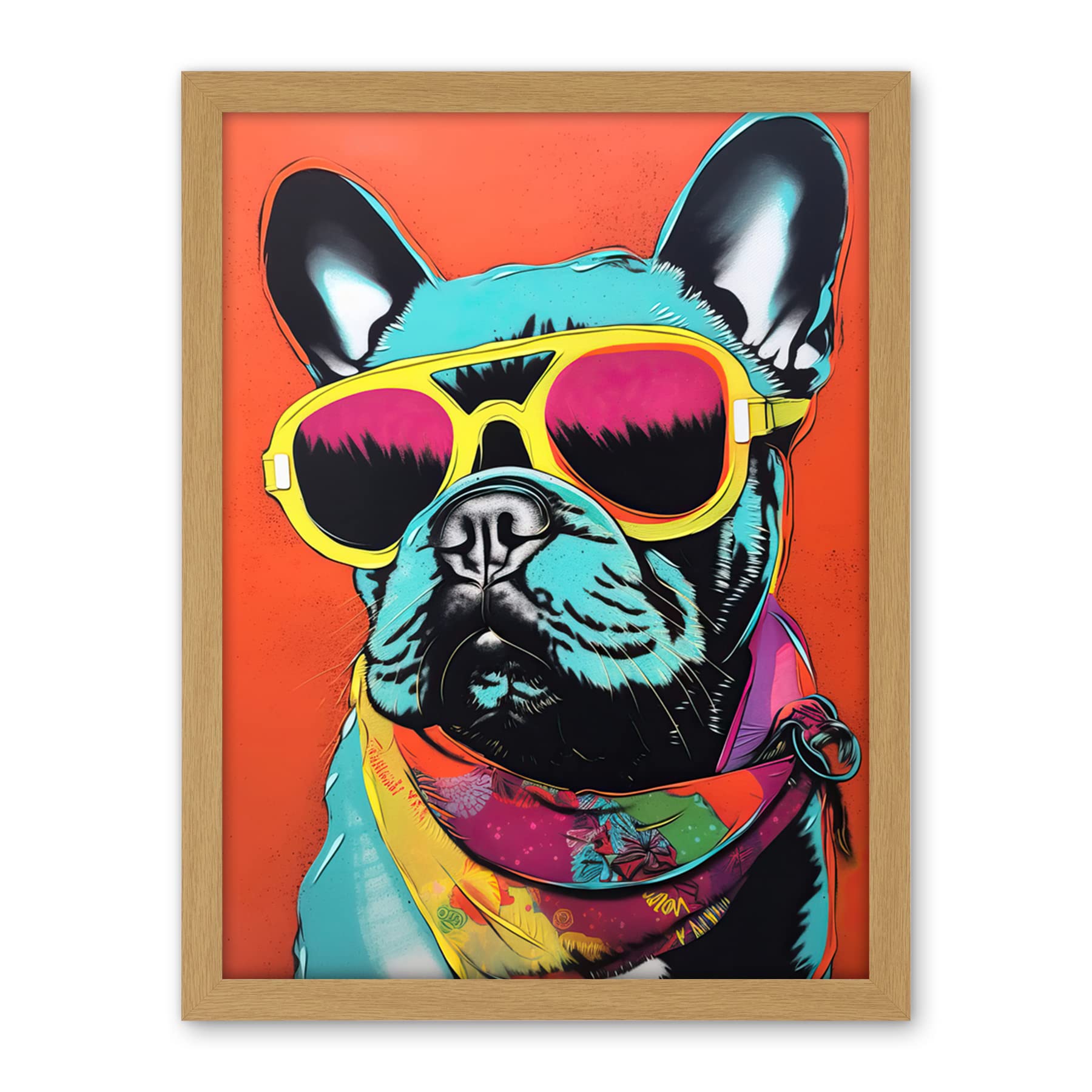 Artery8 French Bulldog Wearing Sunglasses and Bandana Artwork Framed Wall Art Print 18X24 Inch