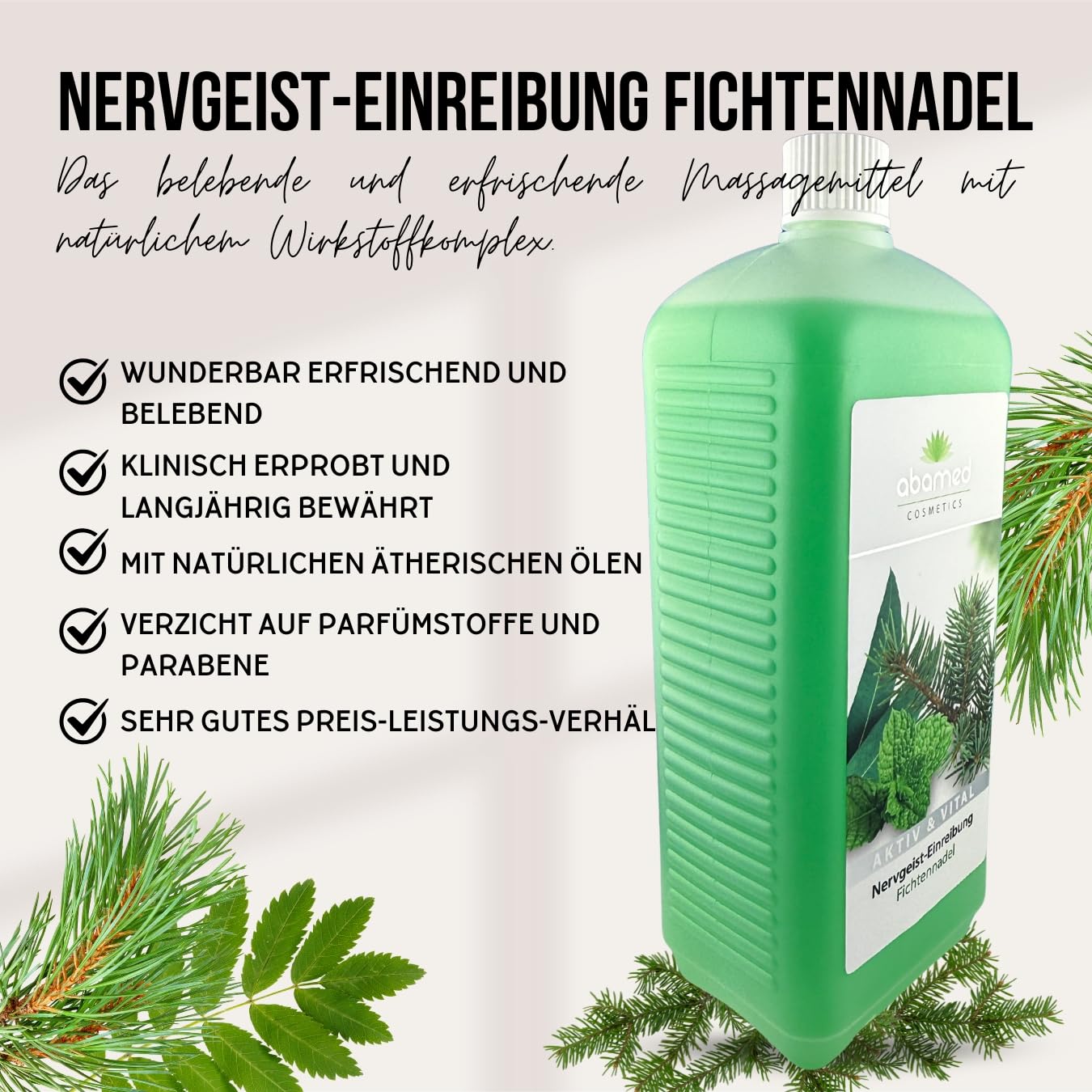 Nervgeist Einreibung – belebende Körperpflege mit Fichtennadel, Eukalyptus & Menthol, 1000 ml