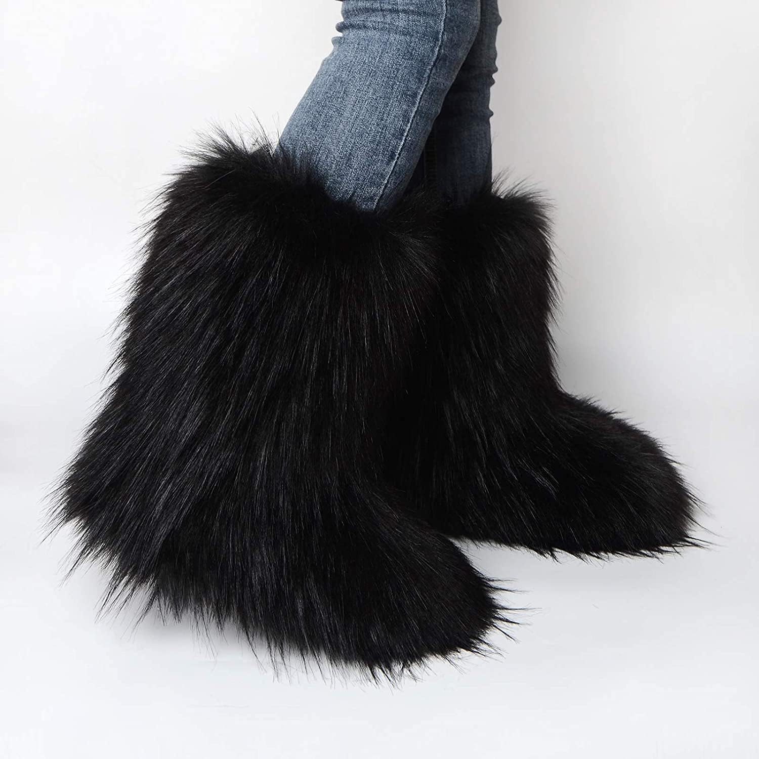 BININBOX Faux Fur Boots for Women Fuzzy Fluffy Furry Round Toe Suede Winter Comfy Plush Warm Short Snow Bootie Flat Shoes Mid-Calf Boots Outdoor Indoor