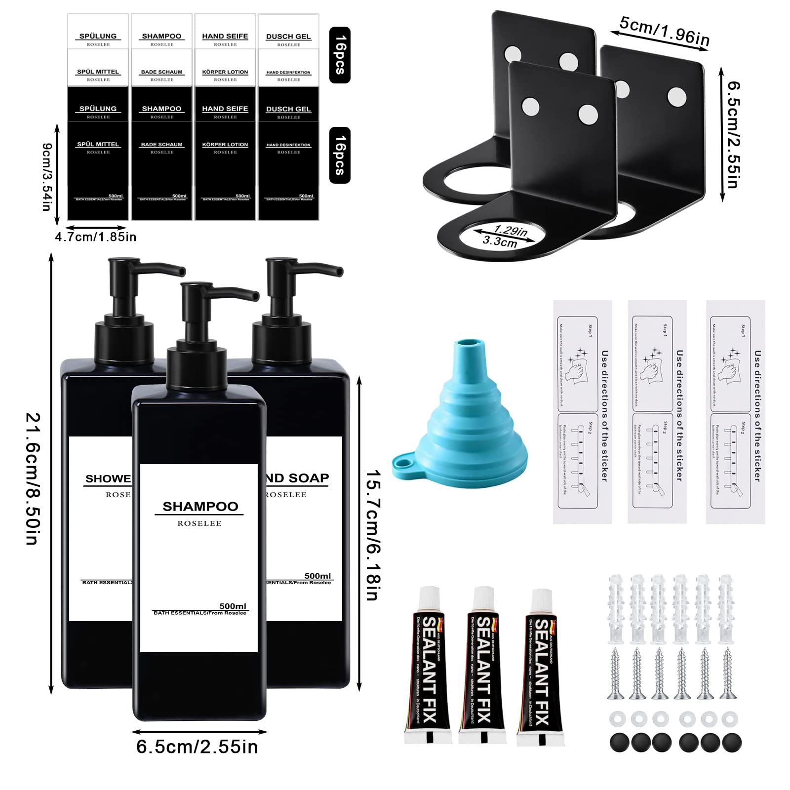 Roselee 3 Pezzi Dispenser Sapone Doccia da Muro, Dispenser Sapone Bagno Senza Foratura, 500ml Dispenser Doccia Shampoo e Bagnoschiuma con Etichetta per Bagno, Cucina