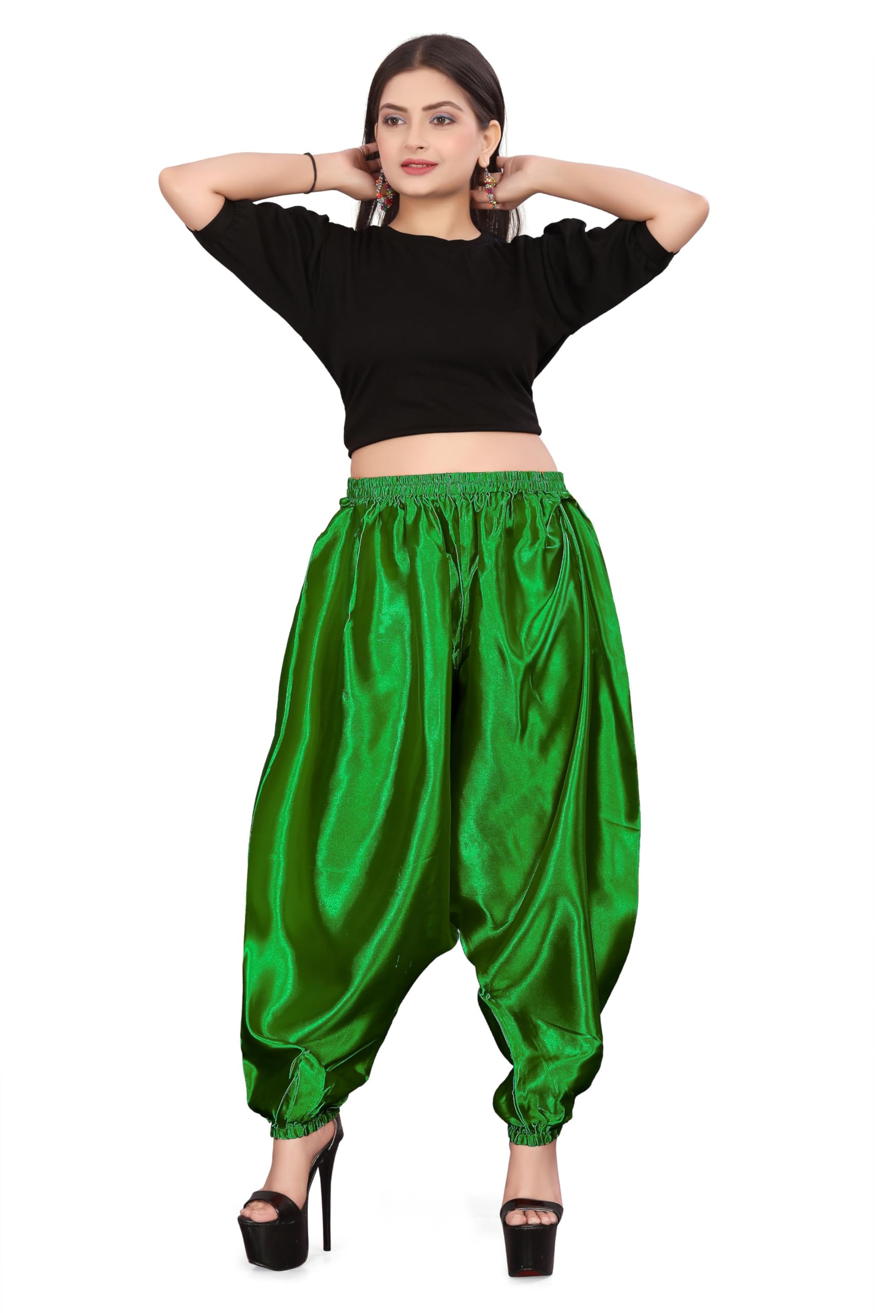 MEEK MERCERY BY KF Satin Belly Dance Harem Boohoo Pant – Elastic Waist, S to 5XL – 41 Colours – Flowing Performance Costume for Stage, Bollywood, Cosplay, Festival & Lounge Wear Green