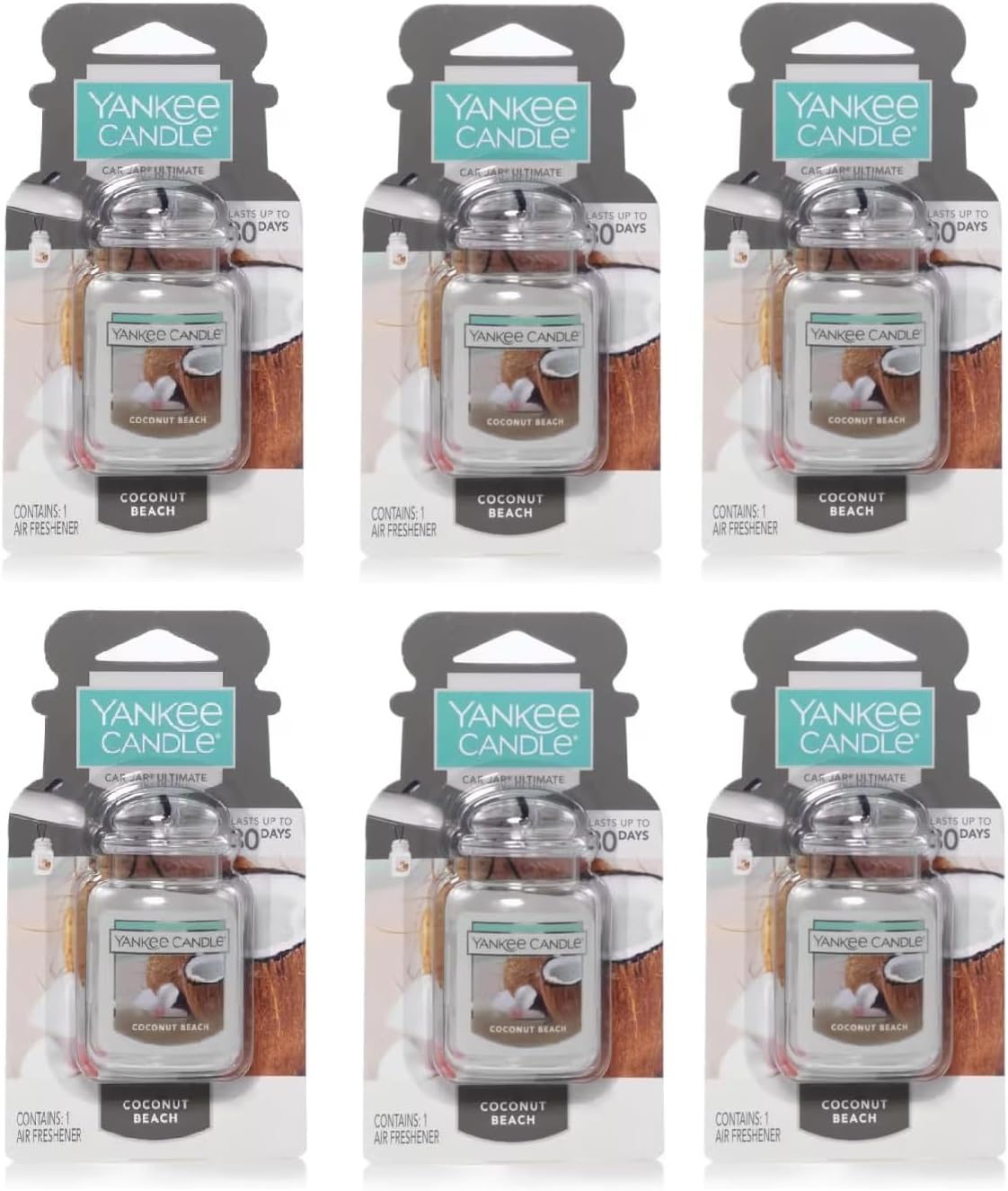 Yankee Candle Car Jar Ultimate, Coconut Beach, Hanging Odor Neutralizing Gel Air Freshener for Vehicles and Small Spaces, Long Lasting Tropical Scent, 1 Count (Pack of 6)