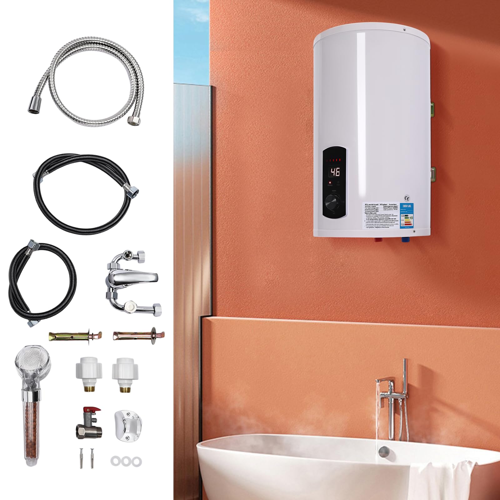 Doorstroomboiler, elektrische boiler, 2000 W, temperatuur instelbaar, met kraan, handdouche en slang, te gebruiken voor keuken, badkamer, kapsalon, badkamer