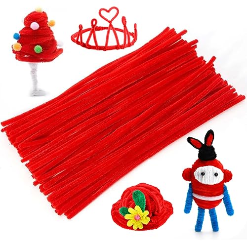 Caydo 100 Pieces Red Pipe Cleaners Craft Supplies, Chenille Stems for Creative Projects DIY Art and Crafts and Decorations (6 mm x 12 Inch)