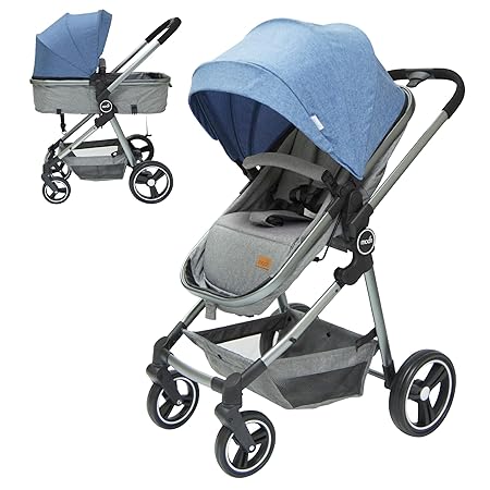Moon Pro 2-in-1 Stroller | Reversible Seat | Birth to 15kg | Lightweight Aluminum Frame | Shock Absorbers | Extra-Large Canopy | Compact Fold | 5-Point Safety Harness, Blue