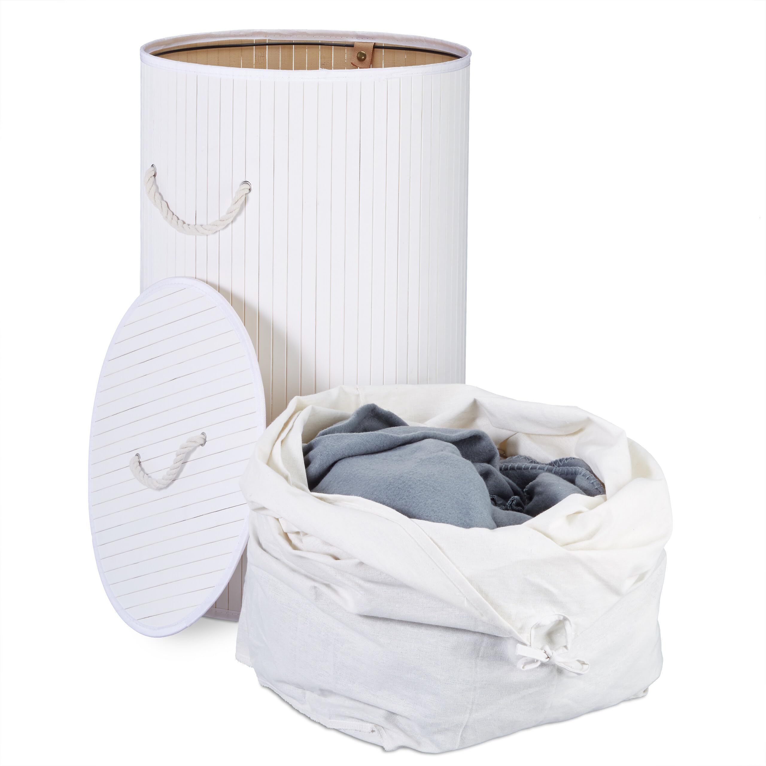 Relaxdays Wäschekorb Bambus, faltbare Wäschetonne mit Deckel, Volumen 70 l, Wäschesack Baumwolle, rund Ø 41 cm, weiß