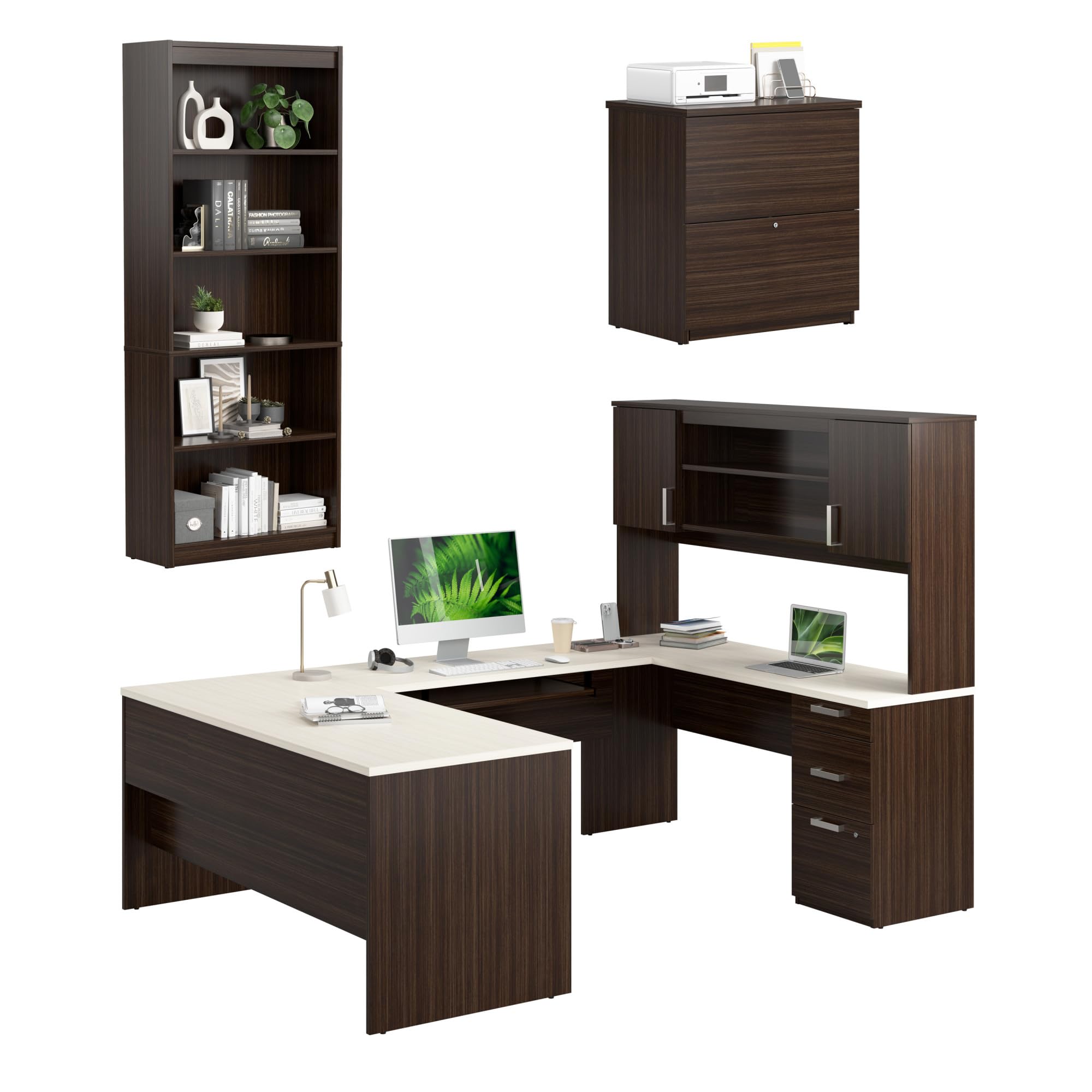 Bestar, Ridgeley Collection, 3-Piece Set Including a U-Shaped Desk with Hutch, a Lateral File Cabinet, and a Bookcase