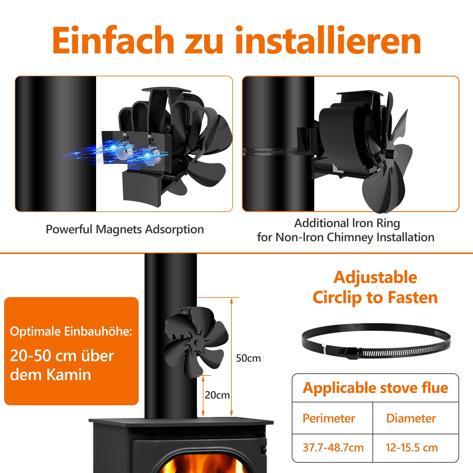 YSKMLOLP Magnetische kachelventilator zonder stroom, 6 vleugels, ventilator voor open haard voor hout/brandhout/vuurplaat/kachelpijp, 6 bladen haardventilator voor open haard
