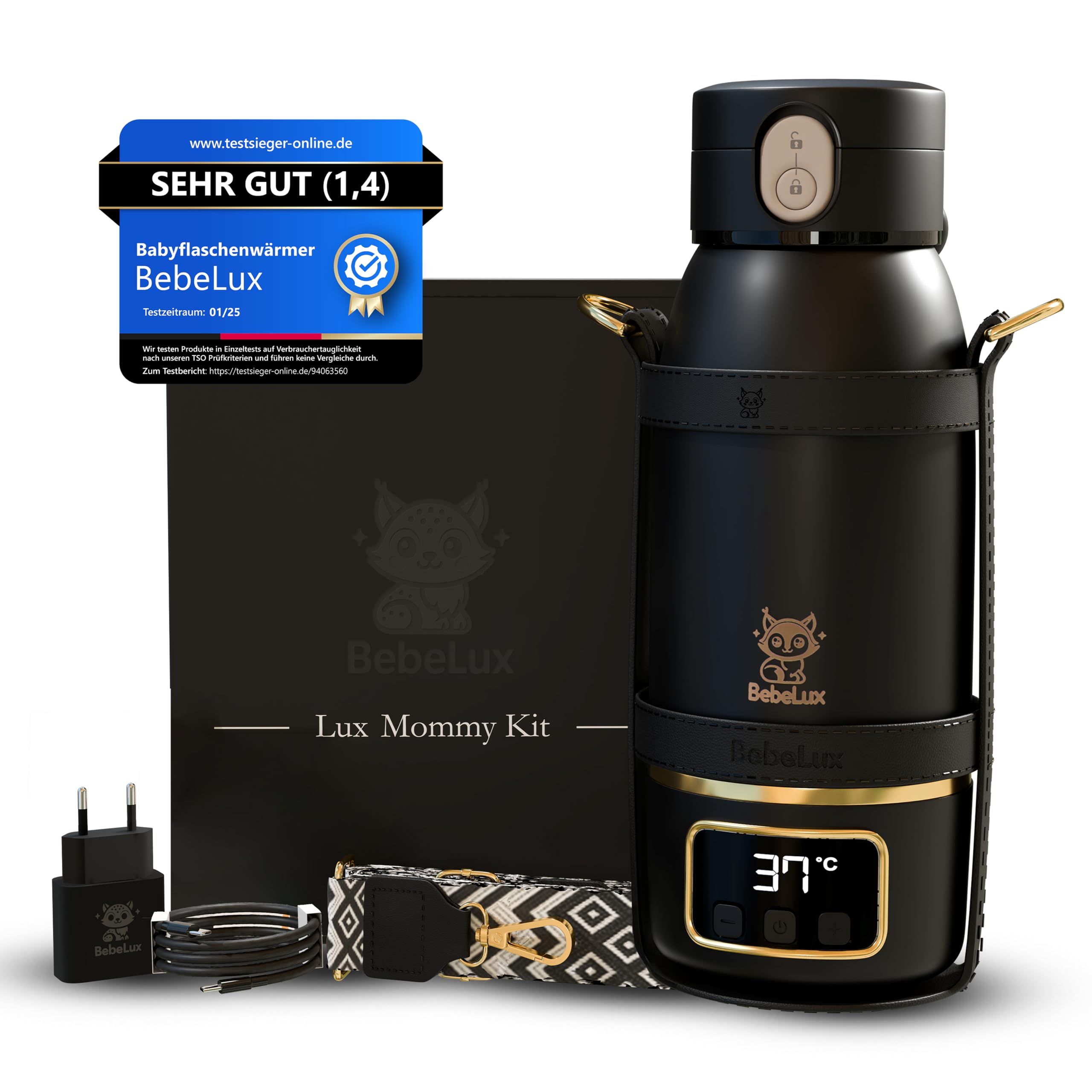 BEBELUX V2 Lux Mommy Kit Babyflaschenwärmer – Die ultimative Geschenkbox für dich & deine Liebsten |In 2 Min perfekt temperiert| 15 Flaschen pro Ladung | BPA-Frei & Sterilisation bis 100 °C (Schwarz)
