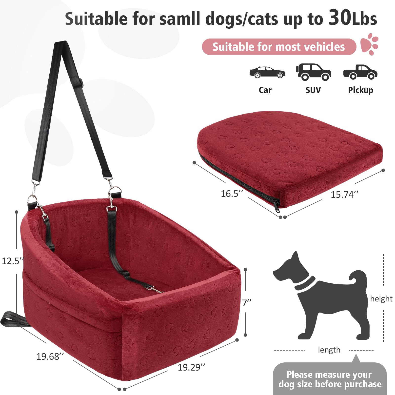 NEEZUKAR Dog Car Seat for Small Medium Dogs,Detachable Washable Dog Booster Seat Under 30lbs, Pet Car Seats Travel Bed with Storage Pockets and Safety Belt(Red)