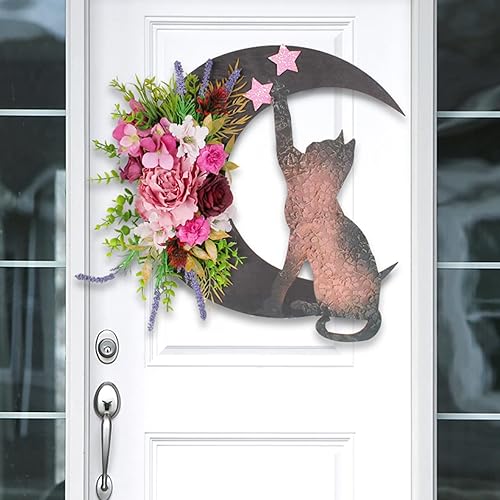 Miniatura 6 de Coronas de luna de Halloween para puerta delantera, otoño, guirnalda de corona de otoño con diseño de gato y luna, coronas de flores artificiales