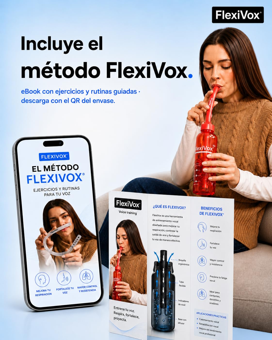 FlexiVox®, compatible con Método Lax Vox | Ideal para Entrenamiento Vocal SOVT, utilizado por Cantantes y Logopedia | Kit completo: Tubo y Botella Graduada, Cepillo, Bolsa con eBook incluido