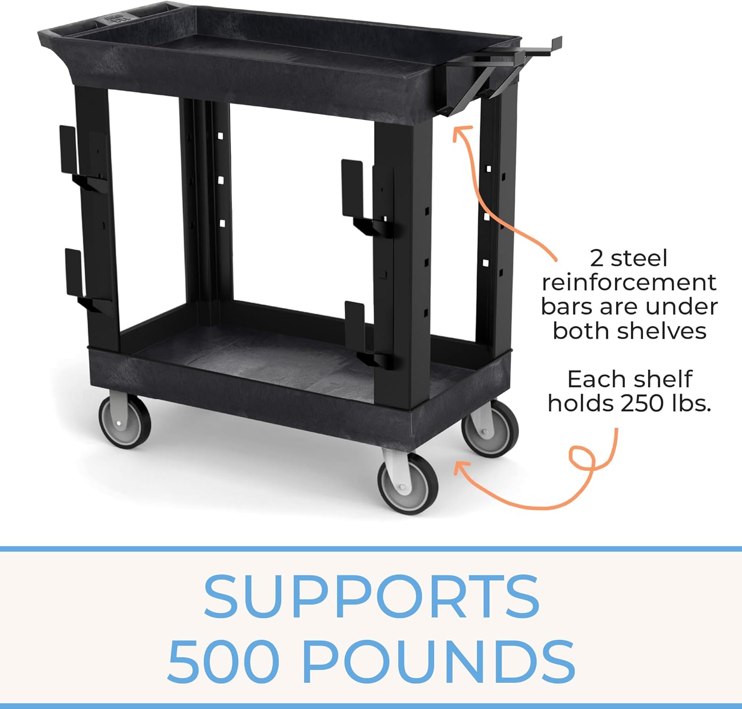 Stand Steady Tubstr 2 Shelf Utility Cart | Heavy Duty Service Cart Holds 400 lbs. | Adjustable Storage Hooks, Ladder & Spool Holders | Tub Cart for Warehouse, Garage, School & Office (32 x 18in/Black)