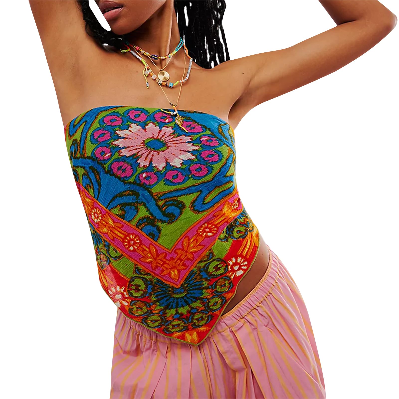 Women Paisley Print Tube Top Vintage Floral Strapless Handkerchief Crop Top Boho Beachwear Bandana Top (Light Blue, M)