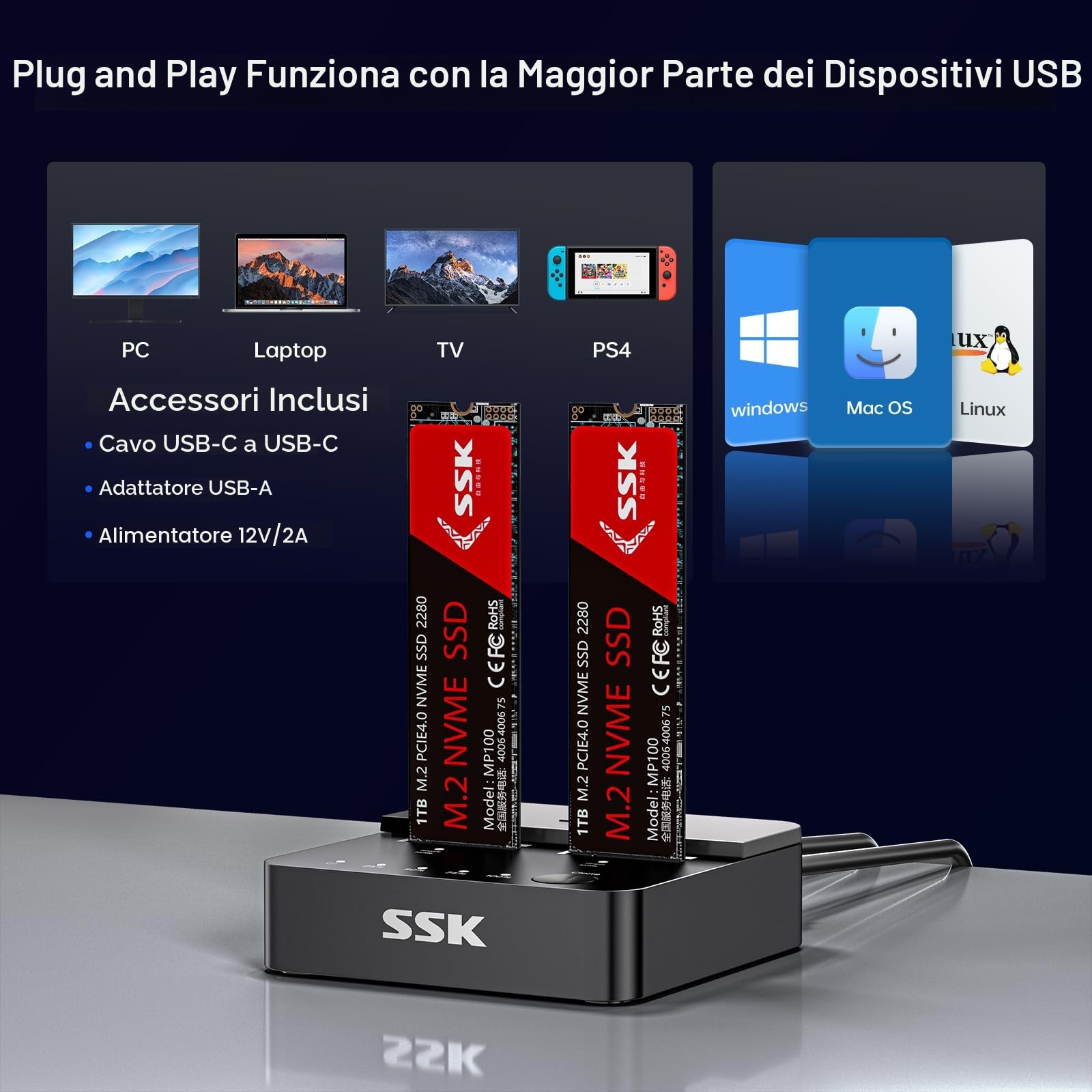 SSK M.2 NVMe SATA SSD Cloner, Docking Station Dual Bay per clonare M.2SSD, 10Gbps USB3.2 Gen 2 SSD a USB Senza Attrezzi Duplicatore, Supporta la Clonazione Offline