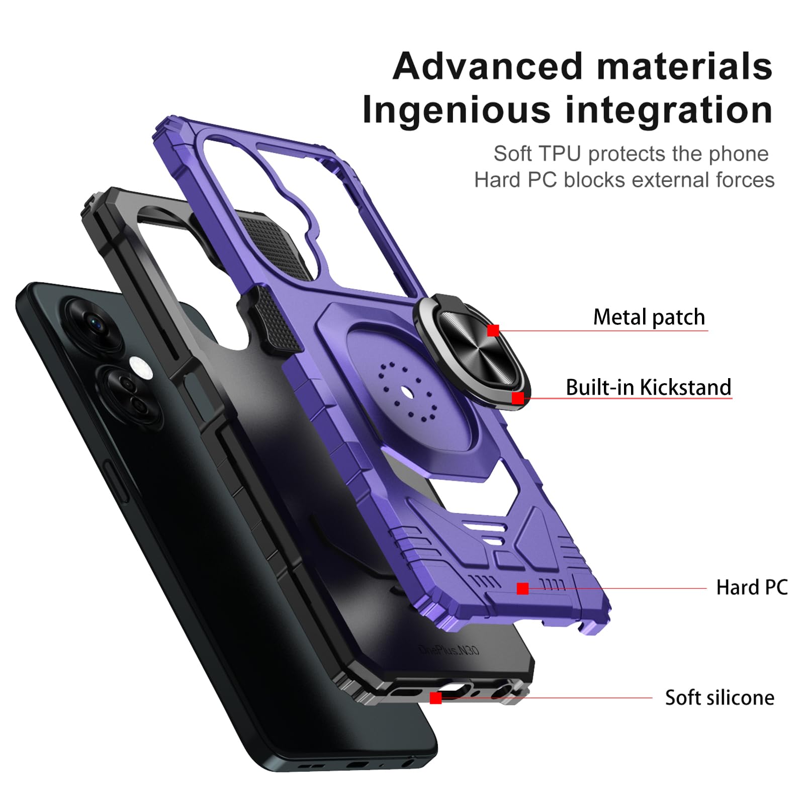 Dteck Case For OnePlus Nord N200 5G,Hybrid Metal Rotating Ring Kickstand Holder Magnetic Bumper Armor Heavy Duty Shockproof Case Camera Lens Slide Protection Cover,Red