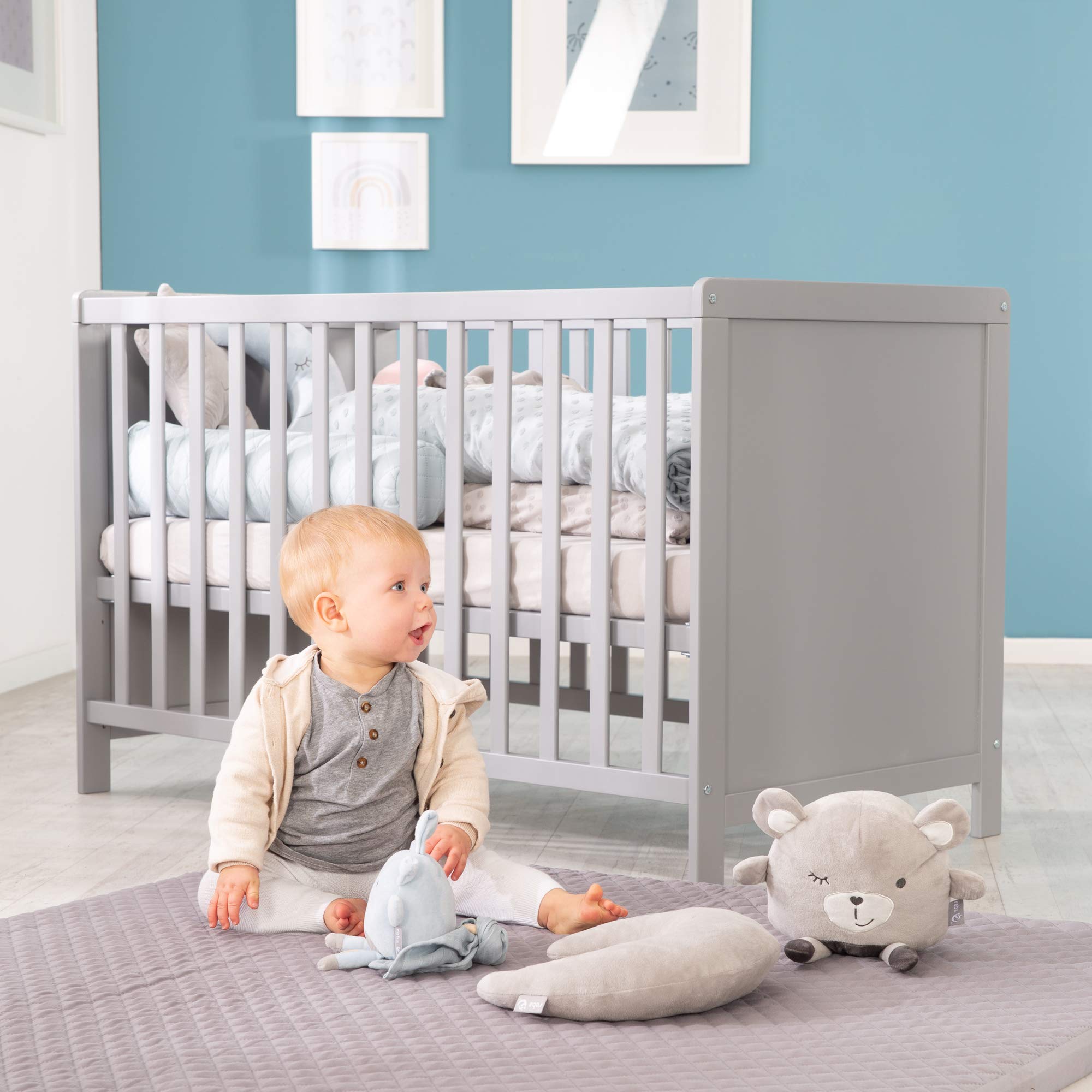 roba Zestaw pokoju dziecięcego 2-częściowy - Komoda z odpinanym blatem do przewijania & 2 szufladami + Łóżeczko dziecięce 60 x 120 cm z funkcją jako łóżko przyściennie - Drewno szare