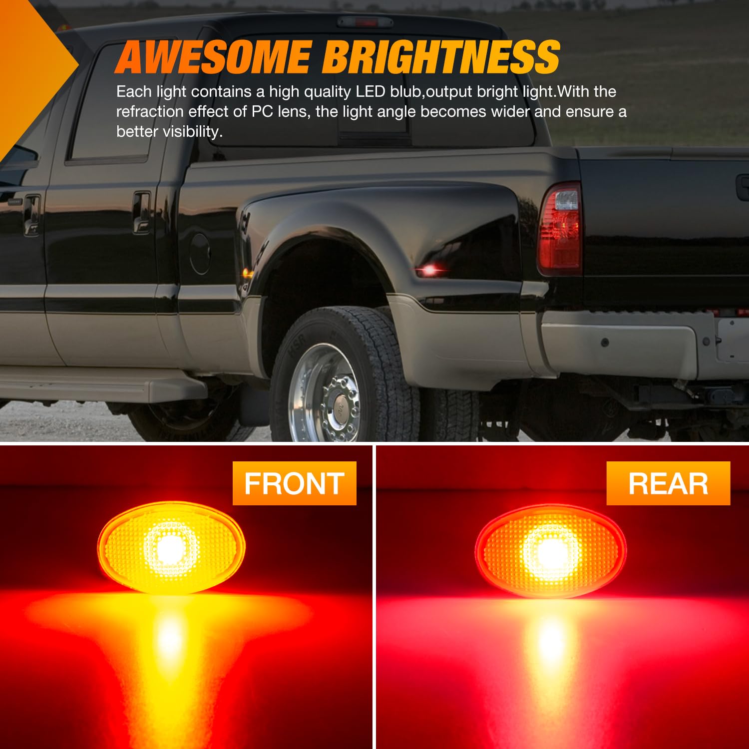 PSEQT Smoked Len Dually Bed Fender Side Marker LED Lights For F250 F350 F450 F550 (Smoked Lens With 2 Red Lights, And 2 Amber Lights