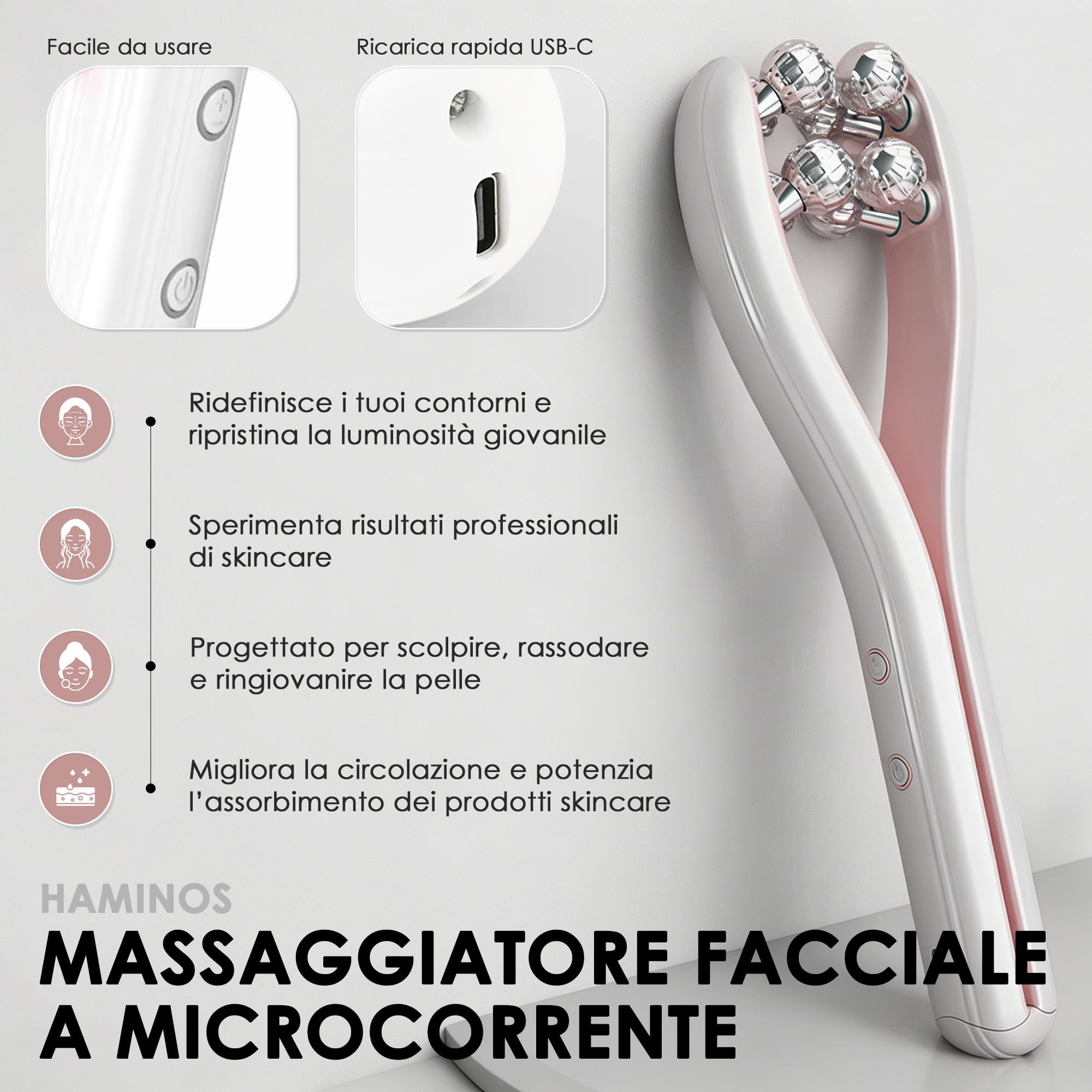 HAMINOS Massaggiatore Viso con Microcorrenti e Roller 3D, 3 Livelli di Intensità, Massaggiatore Viso Elettrico per Lifting, Viso, Collo, Braccia e Gambe, USO OBBLIGATORIO CON IL SIERO