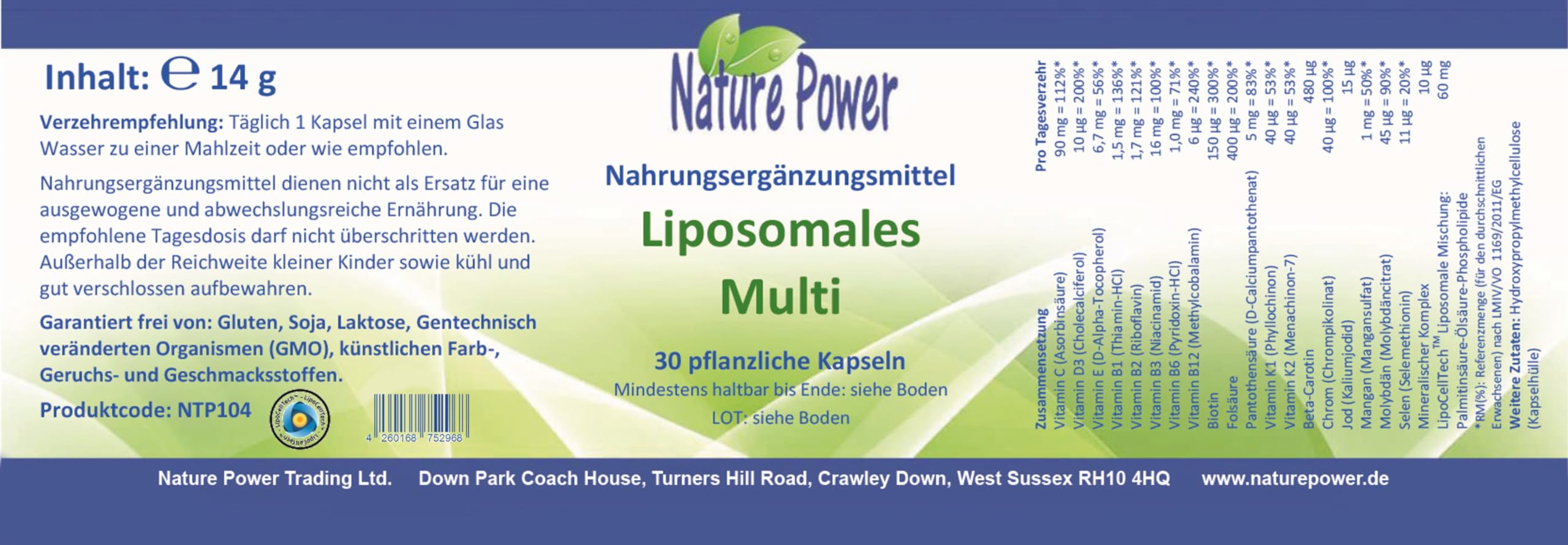 Liposomales Multi: Vorteilspaket 4 + 1 - Liposomales Pulver in Kapseln - Maximale Bioverfügbarkeit - ohne Gentechnik & für Vegetarier geeignet - 5 x 30 pflanzliche Kapseln - von Nature Power