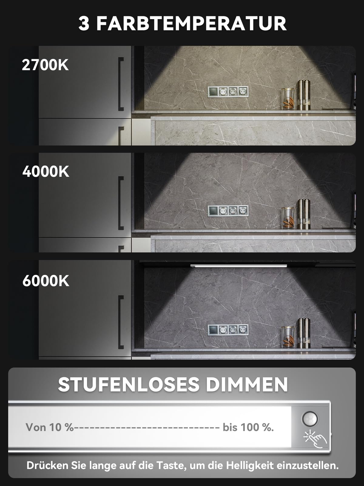 Unterbauleuchte Küche LED Dimmbar, 296 LEDs, mit Bewegungsmelder, 80CM | Schrankbeleuchtung akku, 6600mAh wiederaufladbar, 3 Farbmodi magnetische Led Leiste für Kleiderschrank, Aluminiumlegierung